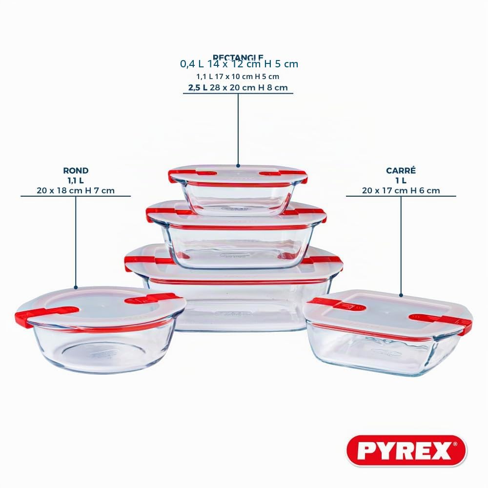 Pyrex Cook & Heat - Lot de 5 Boites - Tailles et Formes Différentes - Verre Borosilicate - Couvercle Hérmétique spécial Micro-Onde - Made in France