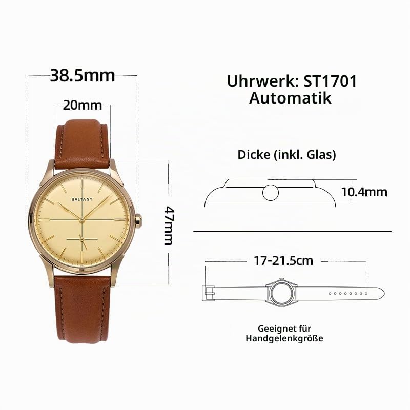 Baltany S4092 Mechanische Armbanduhr mit Fadenkreuzzifferblatt, 38,5 mm, Retro-Lederuhr für Herren, mit Samll-Sekundenzeigung