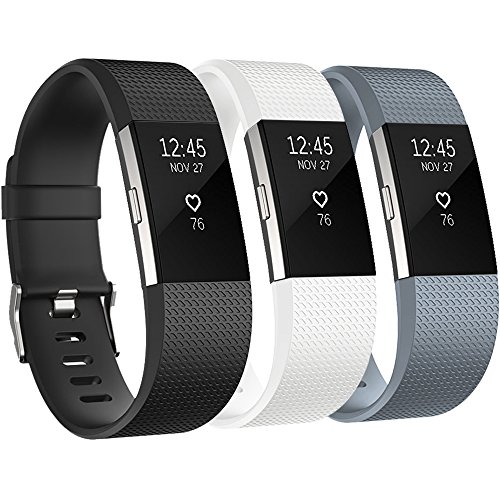 RedTaro Replacement Elastomer Wristband for Fitbit Charge 2, Large (6.5-9.0)-Inches, 002 - Black, White and Gray