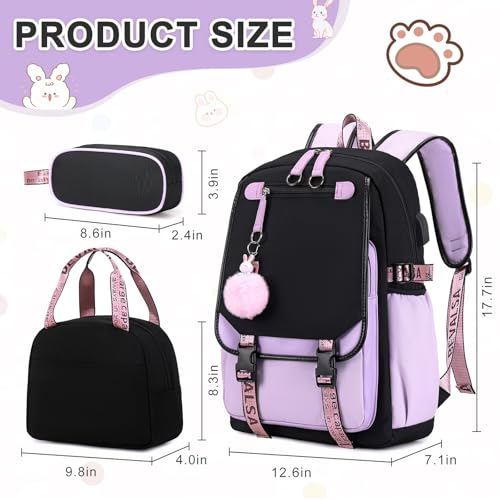 Bevalsa Backpack with Lunch Bag Bookbag Set for Girls Kids Middle High School College Student 21L Casual Daypack Children Schoolbag Bookbag with USB Charging Port (Purple)2