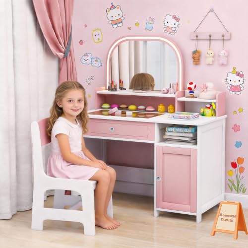 Vavkorkula Kids Vanity Set Small Vanity Desk with Mirror & Lights Pink