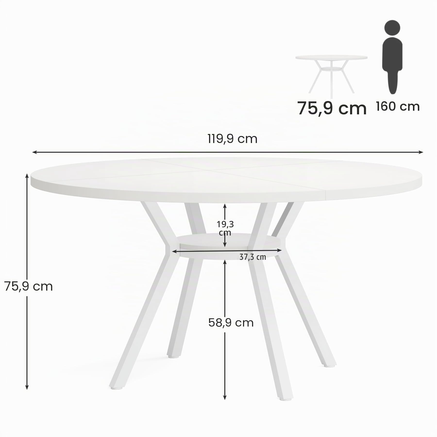 Tribesigns Runder Esstisch für 4 Personen,120CM Runder Esszimmertisch mit Metallfuß,Küchentisch mit Ablagefach für Zuhause,Esszimmer, Wohnzimmer,weiß (weiß)