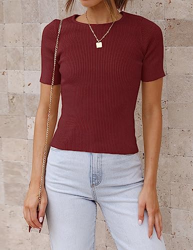Image of ZESICA Women's Short Sleeve Sweater Tops 2026 Summer Crewneck Basic T Shirt | Business Casual Outfits, Solid Color Ribbed Knit Tee, Slim Fitted, Soft Skin Friendly, Going Out Top, Cute Dressy Blouse