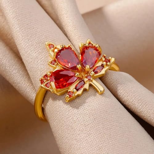 NewZenro Red Maple Leaf Cubic Zirconia Adjustable Open Rings for Women Dainty Engagement Statement Crystal Flower Finger Ring Wrap Bands Comfort Fit Trendy Jewelry Gifts Thanksgiving Christmas Bff3