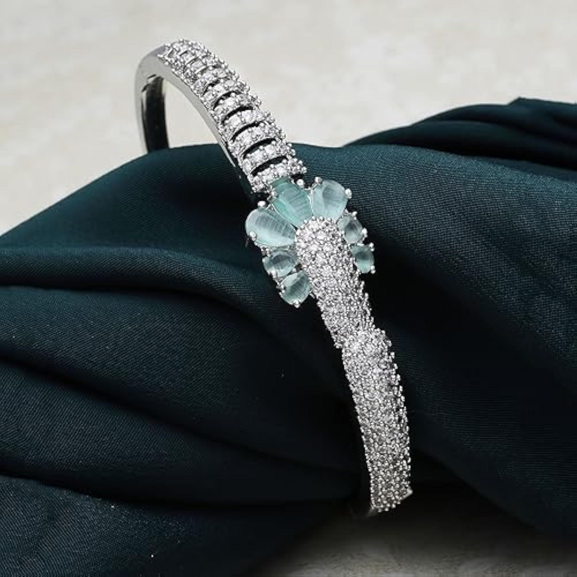 Rhodium-Plated Square Shaped American Diamond Kada Bracelet