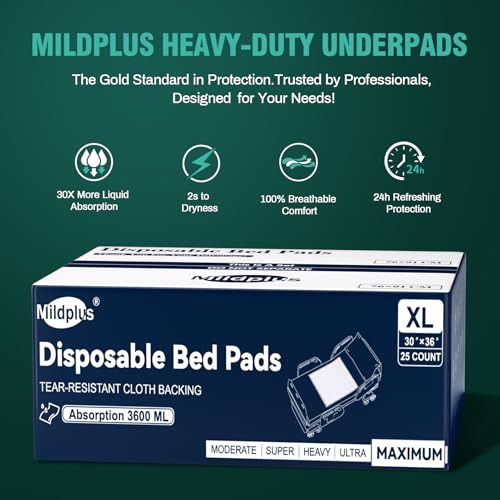 Image of MILDPLUS Heavy Duty Underpads 30 inchX36 inch, 25 Count, Ultra Absorbent Chucks 130 Grams Tear-Resistant Disposable Bed Pads with Strength Cloth Backing Incontinence Pads for Adults, Kids or Pets