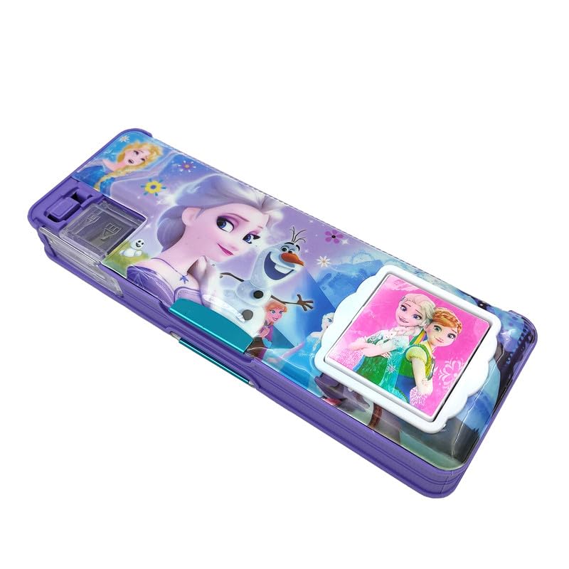 Image of Frozen Pencil Box Integrated Sharpener and Calculator, Magnetic Lock, Dual Compartments, Cartoon Stationery Case School Kit for Girls, Kids, Students Combo Set of 5in1