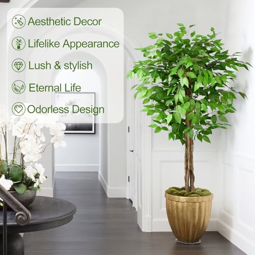 Image of 5ft Ficus Artificial Trees with Natural Curved Trunks, 60 inch Tall Lush Faux Tree for Home Decor Indoor, Green Lifelike Fake Ficus Tree Artificial Plants