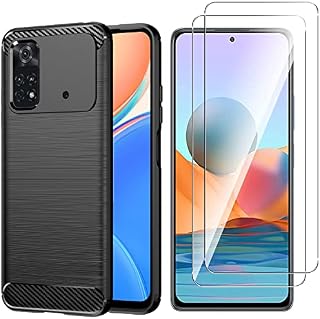 AOYIY Case For Xiaomi Poco M4 Pro 4G, Premium Soft Carbon Fiber Shockproof TPU Phone Case + [2 PACK] HD Tempered Glass Screen Protector For Xiaomi Poco M4 Pro 4G 6.43" (Black)