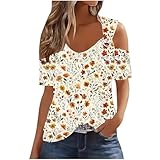 Eyelet Cold Shoulder Tops for Women Casual Strappy Short Sleeve Open Shirts Cut Out Dressy Sexy Foral Tunic Top