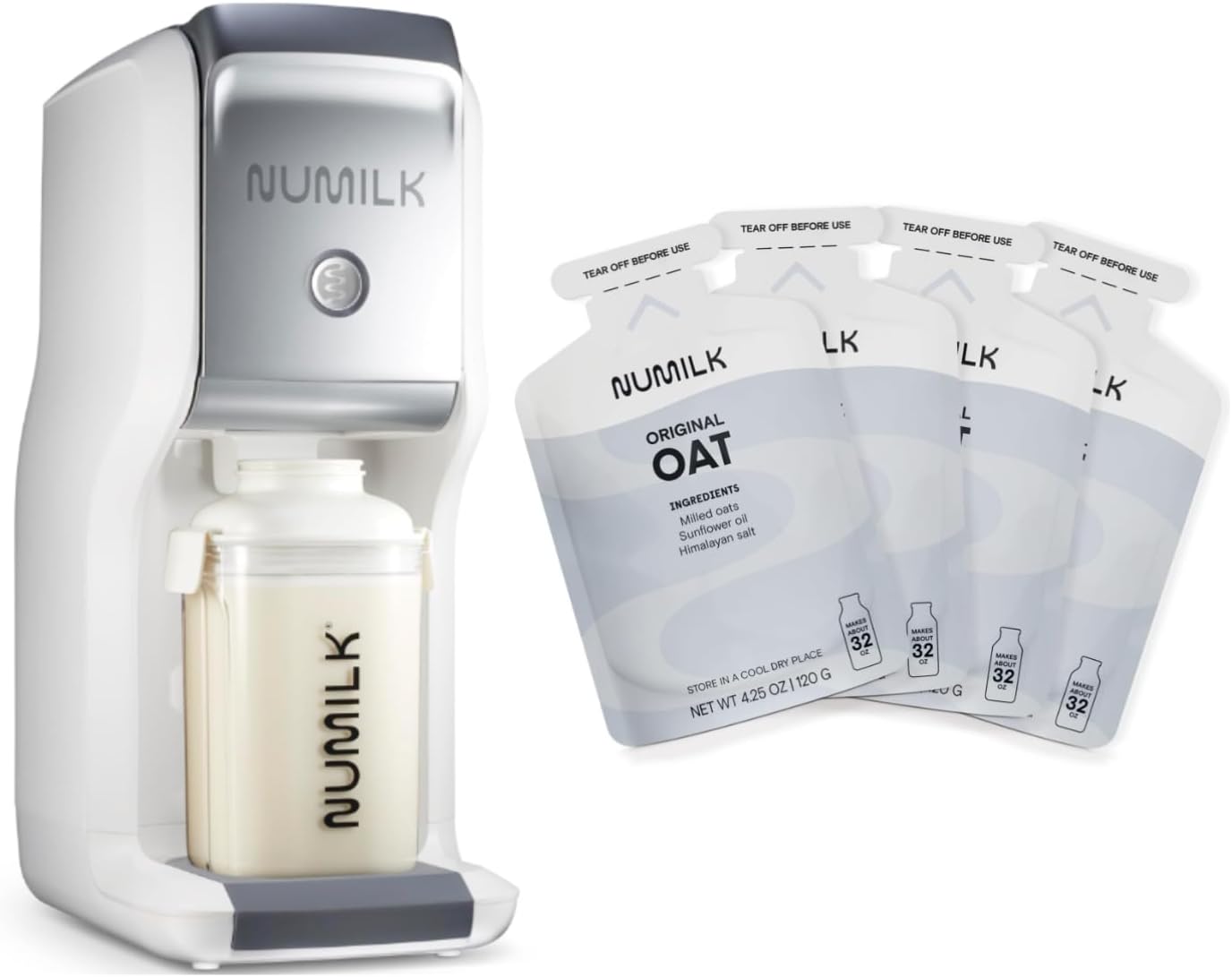 Numilk® Home Machine - 32oz Nut Milk Maker - Plant-Based Milk in 60 Seconds - As Seen on Shark Tank - Bundle with 4 Pack Original Oat