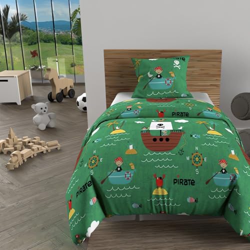 Soleil d'ocre, Parure Housse de Couette 140x200 cm Pirates Vert, 100% Coton 57 Fils/cm2