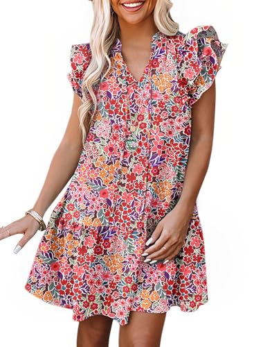 Dokotoo Floral Dress for Women Spring Summer 2025 Trendy Ruffle Cap Short Sleeve V-Neck Pockets Lightweight Tunic Dresses Boho Mini Short Beach Vacation Clothes for Women Multicolor Medium