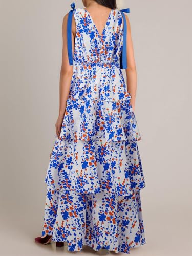 Image of Wenrine Womens Summer Floral Maxi Dress Tie Strap Sleeveless V Neck High Slit Boho Ruffle Tiered Beach Dresses