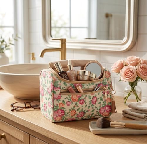Image of INKULTURE Multicolor Floral Cosmetic Makeup Organizer Bag | Water-Resistant Hanging Toiletry Bag with Hook & Multiple Compartments | Large Travel Storage for Women & Men
