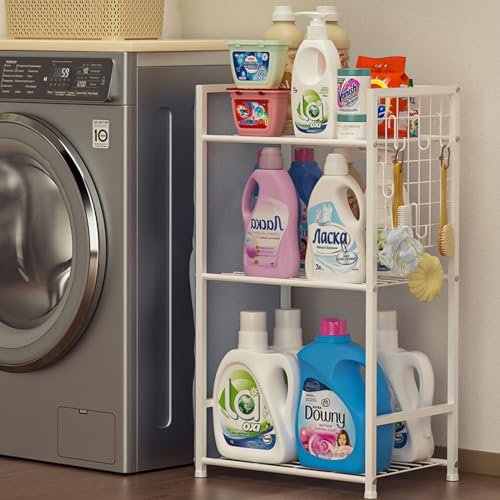 Yociyoga 3 Tier Laundry Room Shelves - Metal Shelving Unit Rack & Multifunctional Standing Shelf with Bottles Storage Bags and 5PCS Hanging Hooks for Laundry Organization and Storage
