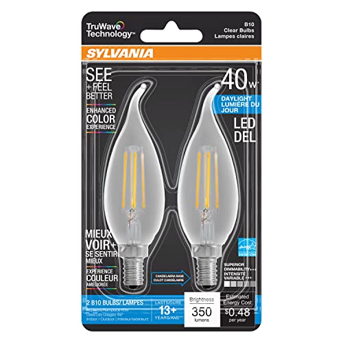 Sylvania Led Truwave Natural Series Décor B10 Light Bulb, 40W Equivalent, Efficient 4W, Candelabra Base, 350 Lumens, Dimmable, Clear 5000K, Daylight - 2 Pack (40791) #TOP17