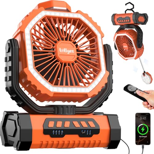 lollyes Portable Fan, AI Outdoor Rechargeable Camping Fan with Light, 20000mAh Battery Powered, 360° Rotating Hook, 4 Speeds for Indoor, Traveling, Tenting, RVing, Fishing, Beach (Orange) by lollyes - Used condition - US$29.95