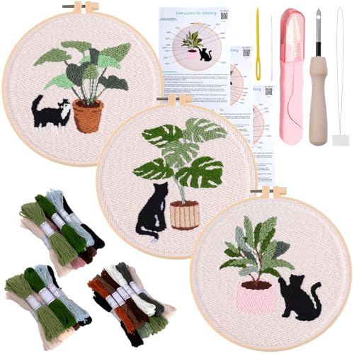Punch Needle Kit for Adults,3 Sets Punch Needle Kits Beginner DIY Embroidery Starter Set with Tools for Home Decoration, Family, Friends Gifts Cats