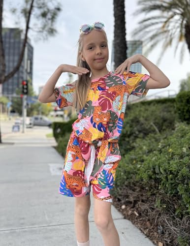 Image of Arshiner Girls Short Sets 2 Pieces Outfits Short Sleeve Tie Knot T-Shirts and Casual Shorts With Pockets Cute Clothes Sets