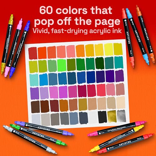 Image of ARTISTRO 60 Precision Dual-Tip Acrylic Paint Markers - Paint Pens Set with Dot & Fine Tips for Fabric, Rock, Glass, Wood, Coloring Books - Arts & Crafts Gift - Classroom Must Haves & School Supplies