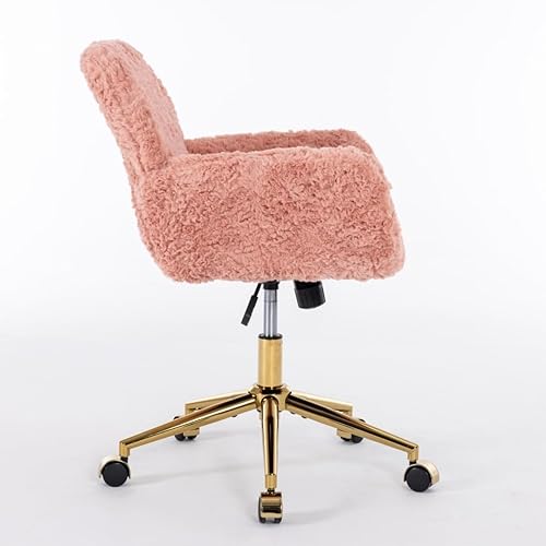 Miniatura 5 de i-POOK Silla giratoria de tocador, silla de escritorio con tela de felpa y base de metal dorado, silla de oficina con respaldo medio para sala de