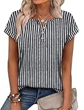 OFEEFAN Short Sleeve Shirts for Women Blouses Spring Tops for Women Business Casual Tops Henley Shirts Work Vertical Striped Shirt Black White M