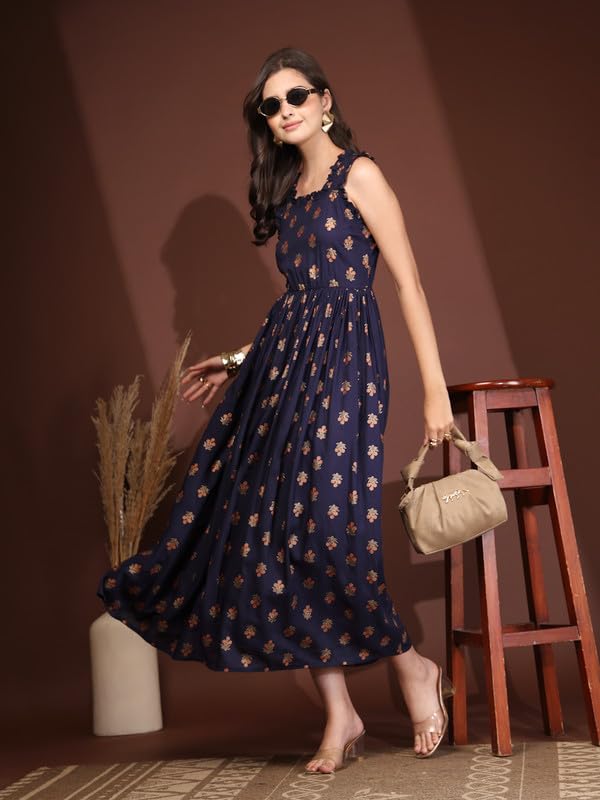 Image of Dress for Women | New Rayon Floral Printed Flared Maxi Dress for Women & Girl's