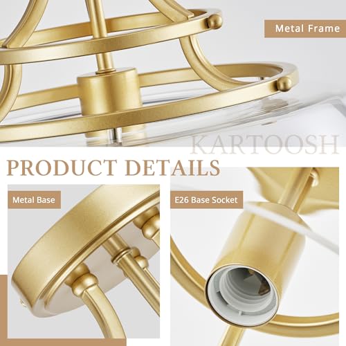 Image of KARTOOSH Industrial Round Chandelier Rustic Ceiling Light Fixture Farmhouse Pendant Light with Clear Glass Shade for Dining Room Hallway Entryway Kitchen Bedroom, Gold