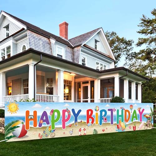 Beach Ball Birthday Banner, Large Summer Pool Party Decor, Cute Beach Theme Happy Birthday Sign for Daughter Son