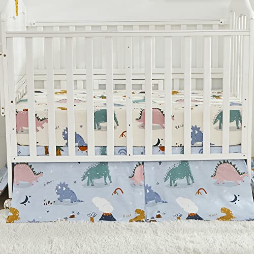 Image of Brandream Roar Dinosaurs Baby Nursery Crib Bedding Set for Boys 100% Soft Cotton Crib Quilt Comforter Set, Blue Cream White Classic Cute Dino Print, 6 Pieces