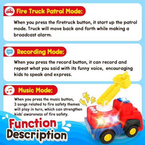 Image of Interactive Talking Fire Truck Toy for Toddlers 1-3, Musical Toy with Realistic Sirens & Sounds & Lights, Recording Repeating Learning Toy, Car Toddler Toys for 2 Year Old Boy Girl Birthday Gifts