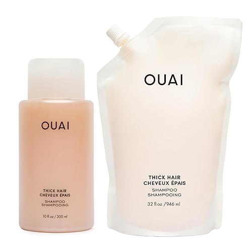 OUAI Champú grueso + recarga, champú hidratante con queratina, raíz de malvavisco, manteca de karité y aceite de aguacate para cabello grueso,