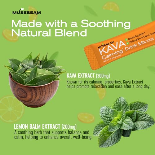 MuseBeam Kava Calming Drink Mix - Non-Alcoholic Instant Powder Drink with Kava & Lemon Balm Extract for Calm & Relaxation - Vegan Sugar Free Orange Flavored Mix 20 Packets - Thumbnail 5