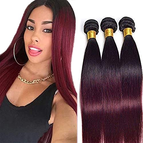 Burgundy Human Hair Bundles Straight Unprocessed Virgin Hair Bundles Dark Roots To Wine Red Tow Tone Human Hair Bundles 8A Grade Ombre Burgundy Bundles 24 26 28 inch