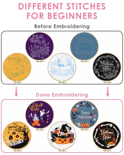 Image of TINDTOP Halloween Embroidery Kit for Adult, 5 Pack Embroidery DIY Starter Kit, with Stamped Patterns, Hoop, Tools, Colorful Threads with Needles, Instructions | 5 Pack with Stamped Patterns, Hoop, Tools, Colorful Threads with Needles, Instructions