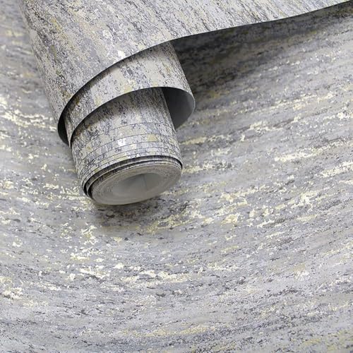 Image of SOPHIE LAURENCE Grey & Gold Wave-Effect Textured Wallpaper – Metallic Shimmer Feature Wall Roll 10 m | Heavy-Duty, Washable, Paste-The-Paper Wallpaper