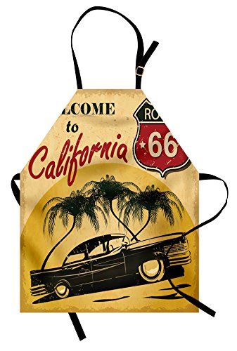 Ambesonne Retro Apron Retro Welcome to California Advertising Seat of Hollywood in Pop Art Style Print Unisex Kitchen Bib with Adjustable Neck for Cooking Gardening Adult Size Emerald Red