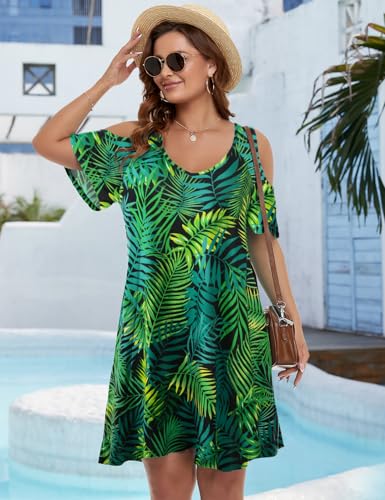 Image of JollieLovin Womens Plus Size Short Sleeve Cold Shoulder V Neck T-Shirt Dress with Pockets