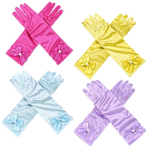 AUHOKY 4 Pairs Little Girls Long Princess Costume Formal Bows Glove Age 3-8(Rose+Purple+Blue+Yellow)