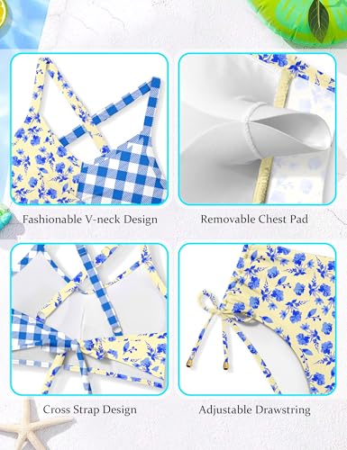 Image of Teen Girls Swimsuits V-Neck Bikini Set Bathing Suits Cross Straps Two Piece Swimwear with Drawstring