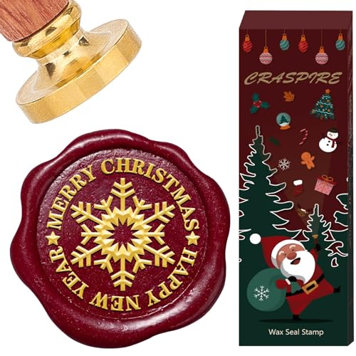 CRASPIRE New Year Wax Seal Stamp Christmas Sealing Wax Stamps 30mm Removable Brass Head Winter Snowflake Pattern with Wooden Handle for Letters Wedding Party Embellishment Gifts Packing Wrapping
