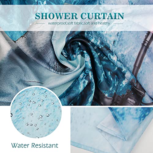 Image of Aimego Long Funny Shower Curtain - Cute Crazy Cat Riding Shark Ocean Fun Fabric Cloth Shower Curtain Set with 12 Hooks for Adults Bathroom Decor Accessories Bath Curtain, 72 inchx78 inch, Blue Red
