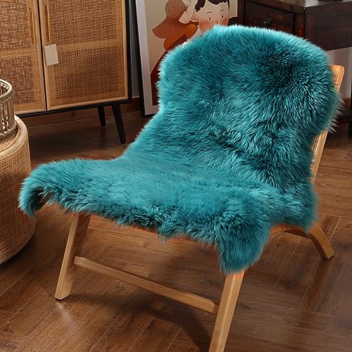 Premium Genuine Fur Sheepskin Rug Real Australia Sheepskin Natural Luxury Fluffy Lambskin Fur Area Rug Seat Covers for Kids Bedroom Sofa Chair Cover (Dark Aquamarine, Single Pelt/2ft x 3ft)