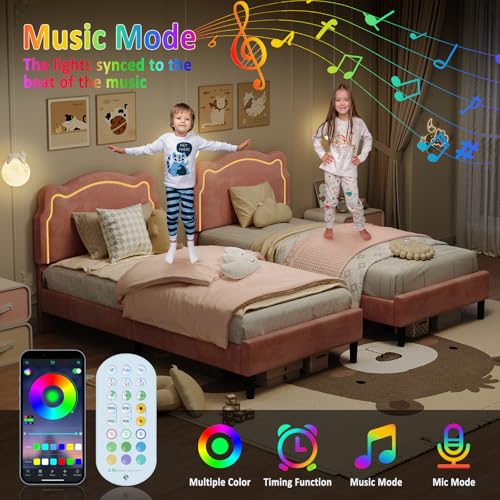 Image of GarveeHome Twin Upholstered Smart LED Bed Frame with Headboard, Velvet Princess Platform Bed Frame for Kids, Wooden Slats Support, No Box Spring Needed (Pink, Twin)