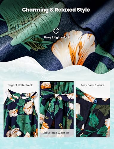 Image of PATPAT Family Hawaiian Matching Outfits - Mommy and Me Vacation Outfits | Halter Sundresses and Button Down Shirts,Caribbean Vacation Summer Tropical Outfits,Hawaiian Boho Tropical Floral Printed