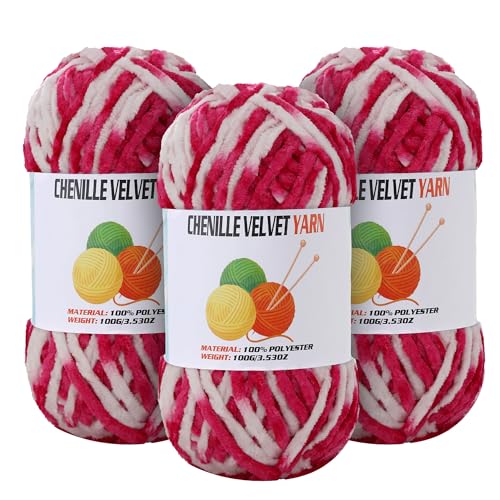 Image of 3 * 100g Velvet Chenille Chunky Yarn for Crocheting, Handcrafts Weaving Soft Chenille Yarn for Crocheting Clearance, Used for Making Baby Yarns Blanket, Clothes, Knitting Creations (Colorful - D)