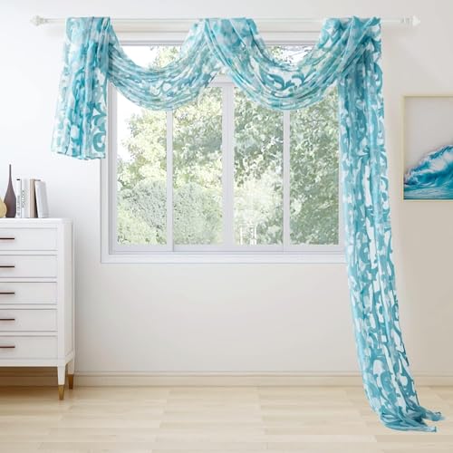 NAPEARL Turquoise Blue Scarf Valance, European Style Jacquard Window Scarf, Decorative Sheer Curtain for Wedding Arch, Light Teal Semi-Sheer Bed Canopy 1 Headboard Gazebo Living Room Bedroom Coastal