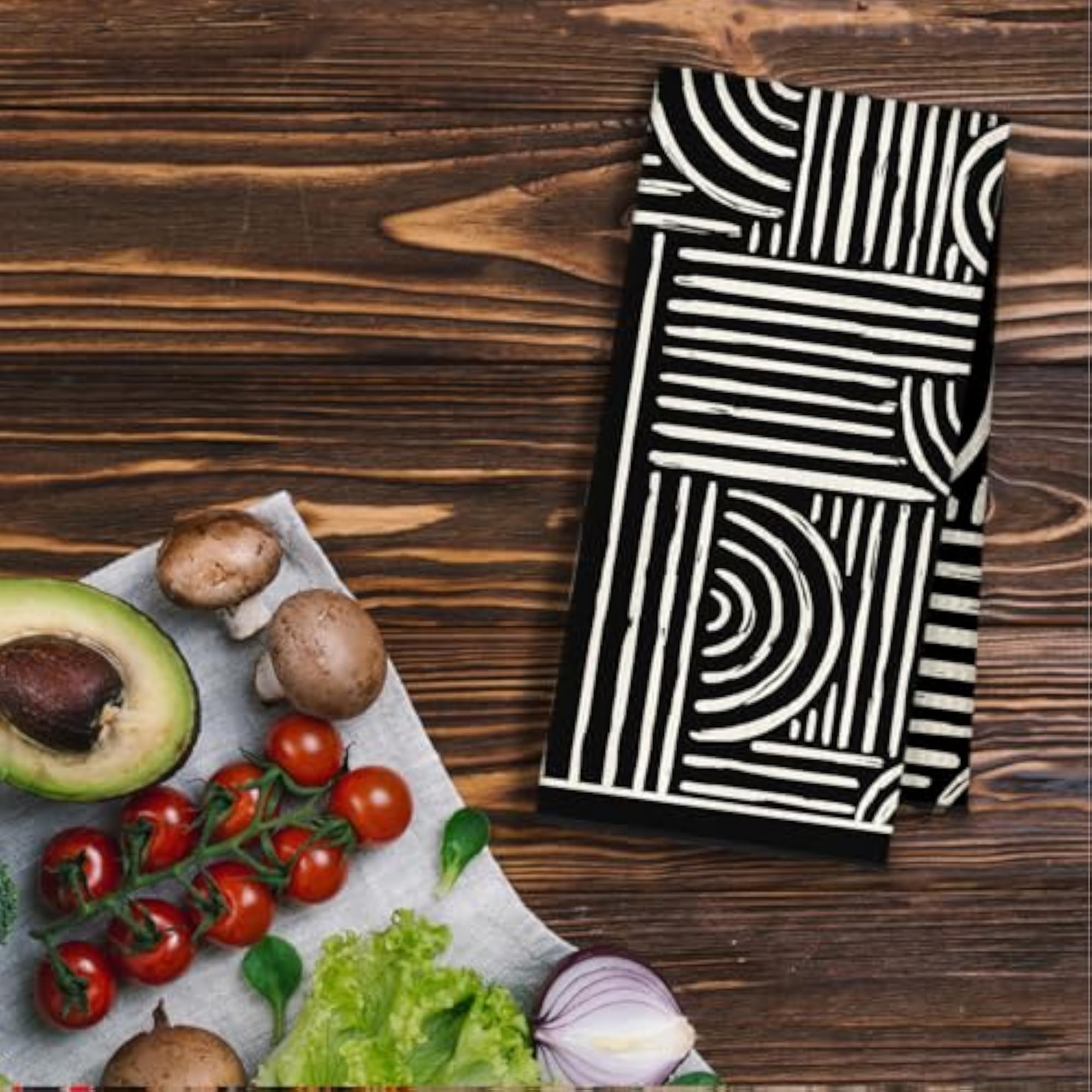 Boho Modern Abstract Kitchen Towels, Black and Beige