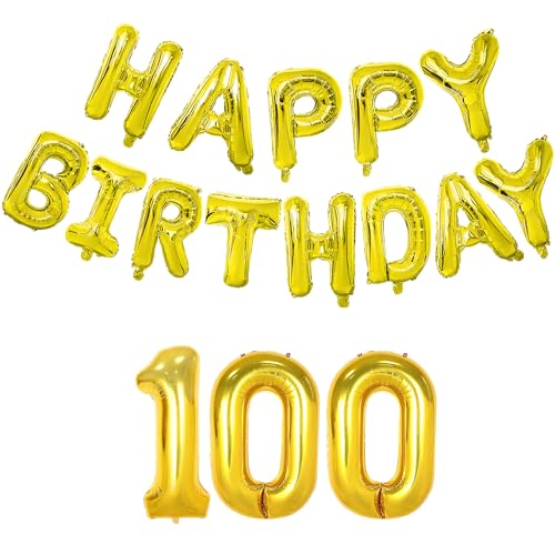 Image of Flyloons 100th Golden Happy Birthday Foil Balloon Banner Set for 100 Year Old Men Women | Number One-hundred | 13 Letters Reusable Happy Birthday Metallic Foil Balloons Decoration Kit,16 piece
